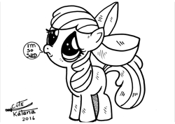 Size: 600x424 | Tagged: safe, artist:cutekatana, apple bloom, adorabloom, cute, monochrome, pouting, sad, solo, speech bubble