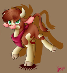 Size: 1024x1104 | Tagged: safe, artist:mysteryart716, arizona cow, cow, them's fightin' herds, bandana, brown background, cloven hooves, community related, dreamworks face, female, leg fluff, looking at you, signature, simple background, solo