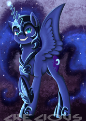 Size: 528x742 | Tagged: safe, artist:crecious, nightmare moon, grin, magic, solo, spread wings