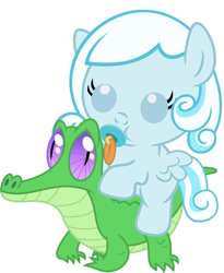 Size: 786x957 | Tagged: safe, artist:red4567, gummy, oc, oc:snowdrop, pony, baby, baby pony, cute, pacifier, ponies riding gators, recolor, snowbetes, weapons-grade cute