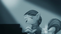 Size: 2560x1440 | Tagged: safe, artist:starblaze25, coloratura, eyes closed, monochrome, piano, rara, singing, solo, spotlight