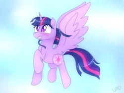 Size: 800x600 | Tagged: safe, artist:ultrard, twilight sparkle, twilight sparkle (alicorn), alicorn, pony, blushing, colored pupils, cute, female, flying, looking up, mare, raised hoof, smiling, solo, starry eyes, twiabetes, wingding eyes