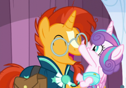 Size: 494x346 | Tagged: safe, screencap, princess flurry heart, sunburst, the crystalling, adorable face, boop, cute, eyes closed, flurrybetes, glasses, happy, open mouth, smiling, sunbetes, uncle sunburst