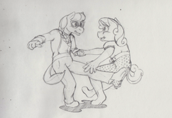 Size: 1280x883 | Tagged: safe, artist:askhoopsanddumbbell, artist:kegisak, silver spoon, sweetie belle, anthro, unguligrade anthro, clothes, crossdressing, dancing, dress, female, hoers, holding hands, hoof feet, lesbian, lindy hop, misleading thumbnail, polka dots, shipping, silverbelle, swing
