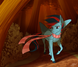 Size: 3468x3000 | Tagged: safe, artist:probablyfakeblonde, oc, oc only, oc:andrew swiftwing, pegasus, pony, autumn, clothes, forest, leaves, looking down, male, scarf, solo, stallion, tree