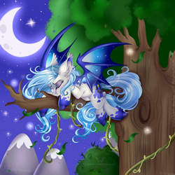 Size: 1024x1024 | Tagged: safe, artist:pvrii, oc, oc only, oc:midnight radiance, bat pony, pony, crying, sad, solo, tree, watermark