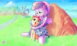 Size: 1920x1136 | Tagged: safe, artist:halem1991, apple bloom, sweetie belle, pony, equestria girls, adorabloom, blushing, clothes, cute, diasweetes, dress, dressup, duo, halem1991 is trying to murder us, holding a pony, looking at each other, shoes, sitting, skirt, skirt lift