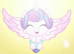 Size: 350x258 | Tagged: safe, screencap, princess flurry heart, pony, the crystalling, baby, baby pony, cooing, cute, dawwww, diaper, eyes closed, female, filly, flurrybetes, foal, happy, large wings, lens flare, open mouth, smiling