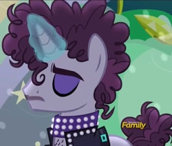 Size: 1270x1079 | Tagged: safe, screencap, pony, unicorn, the mane attraction, background pony, chest hair, clothes, collar, discovery family logo, eyes closed, facial hair, glowing horn, magic, male, moustache, necklace, ponified, prance (character), prince (musician), solo, stallion, the spectacle, undertone, unicorn magic, vest