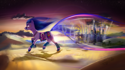 Size: 2560x1439 | Tagged: safe, artist:discordthege, amira, earth pony, pony, saddle arabian, arabic, backlighting, city, cloud, desert, female, mare, outdoors, running, saddle arabia, sand, scenery, signature, sky, solo, stars, twilight (astronomy)