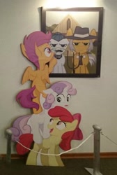 Size: 530x788 | Tagged: safe, apple bloom, cloudy quartz, igneous rock pie, scootaloo, sweetie belle, american gothic, cardboard cutout, cutie mark crusaders, irl, moustache, photo, quartzrock, tower of pony