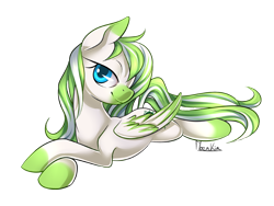 Size: 800x600 | Tagged: safe, artist:moenkin, oc, oc only, oc:mint twist, pony, bedroom eyes, female, looking at you, mare, prone, simple background, smiling, solo, transparent background