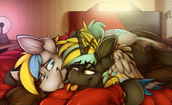 Size: 3591x2178 | Tagged: safe, artist:ralek, oc, oc only, oc:cirrus sky, oc:electro current, hippogriff, original species, unicorn, bedroom, bedroom eyes, cirrent, cuddling, cute, digital multimeter, explicit source, hug, male, oc x oc, on bed, plasma ball, shipping, smiling, snuggling, straight, talons, tongue out, winghug