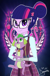 Size: 2077x3144 | Tagged: safe, artist:bayanik, sci-twi, spike, spike the regular dog, twilight sparkle, dog, equestria girls, friendship games