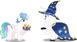 Size: 1600x883 | Tagged: safe, artist:koolfrood, star swirl the bearded, oc, oc:ian denney, alicorn, pony, alicorn oc, parent:princess celestia, present