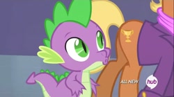 Size: 1100x618 | Tagged: safe, screencap, ms. harshwhinny, spike, dragon, equestria games (episode), all new, eyes on the prize, hub logo, out of context