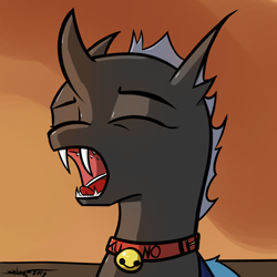 Size: 1000x1000 | Tagged: safe, artist:shikogo, oc, oc only, oc:kuno, changeling, bell, bell collar, changeling oc, collar, cute, cuteling, digital art, female, morning ponies, open mouth, solo, sunrise, yawn