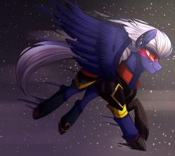 Size: 1024x909 | Tagged: safe, artist:orfartina, night glider, clothes, flying, night, red eyes, solo