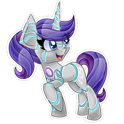 Size: 4000x4000 | Tagged: safe, artist:partylikeanartist, oc, oc only, oc:raribot, pony, robot, robot pony, unicorn, alternate hairstyle, cutie mark, female, glow, hooves, horn, mare, open mouth, ponytail, raised hoof, raribot, simple background, solo, transparent background