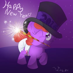 Size: 1280x1280 | Tagged: safe, artist:tapeysides, oc, oc only, oc:itty bit, 2016, :3, cute, diaper, foal, hat, mouth hold, new year, poofy diaper, raised hoof, smiling, solo, sparkler (firework), sparklers, top hat, wink