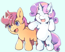 Size: 650x515 | Tagged: safe, artist:hiza take, scootaloo, sweetie belle, pony, bipedal, blush sticker, blushing, eyes closed, pixiv