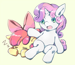 Size: 570x490 | Tagged: safe, artist:hiza take, apple bloom, sweetie belle, pixiv, sleeping, zzz