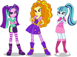 Size: 7000x5228 | Tagged: safe, artist:limedazzle, adagio dazzle, aria blaze, sonata dusk, equestria girls, rainbow rocks, absurd resolution, alternate universe, boots, canterlot high, clothes, clothes swap, crossed arms, cute, good, high heels, leggings, pigtails, ponytail, request, simple background, skirt, socks, the dazzlings, the rainbooms, transparent background, twintails, vector, wondercolts