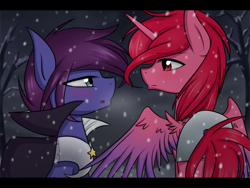 Size: 2176x1634 | Tagged: source needed, safe, artist:littlecloudie, galacta knight, half r63 shipping, kirby, meta knight, ponified, rule 63, shipping, snow, snowfall