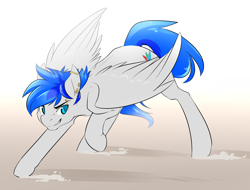 Size: 2100x1600 | Tagged: safe, artist:duskyamore, oc, oc only, oc:turquoise, pegasus, pony, action pose, bridge piercing, determined, dirt, dust, ear piercing, eyebrow piercing, gauges, piercing, solo