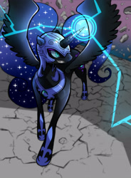 Size: 2550x3459 | Tagged: safe, artist:siruboom, nightmare moon, alicorn, pony, black coat, detailed background, female, mare, solo