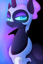 Size: 1024x1515 | Tagged: safe, artist:hosikawa, nightmare moon, alicorn, black coat, female, horn, mare, simple background, solo