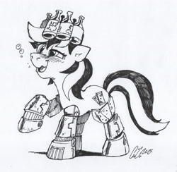 Size: 4301x4191 | Tagged: safe, artist:crikeydave, oc, oc only, oc:blackjack, cyborg, pony, unicorn, fallout equestria, fallout equestria: project horizons, absurd resolution, amputee, commission, cropped, drinking, drunk, ink, monochrome, prosthetic limb, prosthetics, queen whiskey