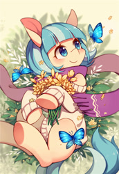 Size: 825x1200 | Tagged: safe, artist:huaineko, coco pommel, butterfly, earth pony, pony, blushing, clothes, cocobetes, cute, female, flower, mare, pixiv, smiling, solo, sweater