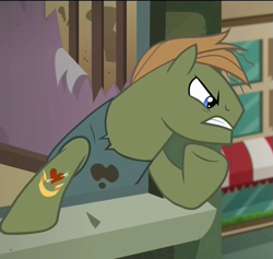 Size: 789x748 | Tagged: safe, screencap, earth pony, pony, the gift of the maud pie, angry, clothes, frown, male, scowl, shirt, solo, stain, stallion, tattoo, threatening, thug, wylin slobinzki