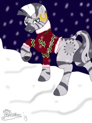 Size: 960x1280 | Tagged: safe, artist:marcushunter, zecora, zebra, clothes, looking at you, looking back, raised hoof, snow, snowfall, solo, sweater