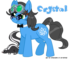 Size: 841x700 | Tagged: safe, artist:nightspeller, oc, oc only, oc:crystal quartz, pony, skunk, unicorn, animal, atom, bowtie, cutie mark, female, freckles, glasses, goggles, pet, pet oc, pince-nez