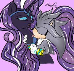 Size: 598x573 | Tagged: safe, artist:kaiamurosesei, nightmare rarity, bedroom eyes, crossover, crossover shipping, eyes closed, licking, open mouth, shipping, silvarity, silver the hedgehog, sonic the hedgehog (series), tongue out