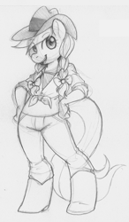 Size: 859x1471 | Tagged: safe, artist:collaredginger, candy apples, anthro, apple family member, boots, clothes, hat, jeans, monochrome, pants