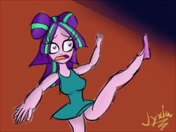 Size: 1100x825 | Tagged: safe, artist:jyxia, aria blaze, equestria girls, rainbow rocks, alternate hairstyle, anatomically incorrect, ballerina, ballet, clothes, dancing, dress, incorrect leg anatomy, noob, open mouth, short dress, simple background, solo, stage, wide eyes