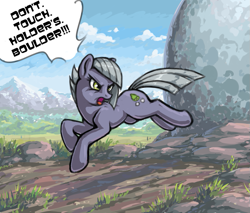 Size: 797x680 | Tagged: safe, artist:choedan-kal, limestone pie, holder's boulder, jumping, solo, warning