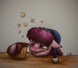 Size: 2054x1807 | Tagged: safe, artist:lupiarts, berry punch, berryshine, pony, advent calendar, drunk, drunk bubbles, hoof hold, mug, solo, stocking cap, traditional art