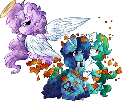 Size: 3468x2889 | Tagged: safe, artist:iroxykun, oc, oc only, oc:freckles, oc:nepheli, oc:nyla, alicorn, angel, pony, unicorn, alicorn oc, autumn, clothes, family, female, hearing aid, horn, leaves, mother, scarf, siblings, sisters, wings