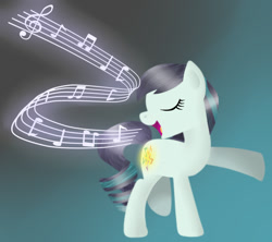 Size: 800x709 | Tagged: safe, artist:sunset-sunrize, coloratura, the mane attraction, digital art, eyes closed, music notes, raised hoof, rara, simple background, singing, solo, that was fast, the magic inside