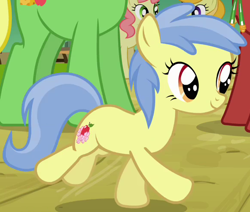 Size: 582x493 | Tagged: safe, screencap, apple flora, earth pony, pony, apple family reunion, apple family member, background pony, cropped, female, filly, running, smiling, solo focus