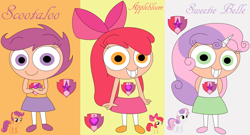 Size: 6176x3328 | Tagged: safe, artist:shaelynn-t, apple bloom, scootaloo, sweetie belle, human, pony, absurd resolution, clothes, cutie mark, cutie mark crusaders, horned humanization, human ponidox, humanized, self ponidox, skirt, the cmc's cutie marks