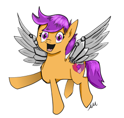 Size: 974x927 | Tagged: safe, artist:relma2, scootaloo, amputee, augmented, cutie mark, implied amputation, open mouth, prosthetic limb, prosthetic wing, prosthetics, simple background, solo, the cmc's cutie marks, transparent background