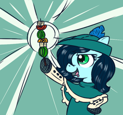Size: 640x600 | Tagged: safe, alternate version, artist:ficficponyfic, color edit, edit, edited edit, oc, oc only, oc:emerald jewel, earth pony, pony, alternate color palette, child, clothes, color, colored, colt, colt quest, drool, femboy, foal, hair over one eye, hat, male, proud, shishkebab, solo, star burst, trap, young