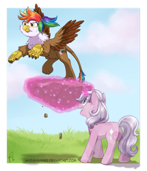 Size: 829x964 | Tagged: safe, artist:hazurasinner, oc, oc only, oc:quartz horn, oc:rainbow feather, crystal pony, griffon, pony, unicorn, cute, flying, jumping, lifting, magic, magical lesbian spawn, offspring, parent:gilda, parent:rainbow dash, parents:gildash, rock