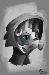 Size: 1500x2281 | Tagged: safe, artist:crimson, zecora, zebra, bust, clothes, earring, gas mask, gradient background, grayscale, hoodie, monochrome, piercing, portrait, simple background