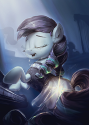 Size: 850x1200 | Tagged: safe, artist:assasinmonkey, coloratura, earth pony, pony, the mane attraction, clothes, crying, female, glowing cutie mark, glowing plot, liquid pride, mare, piano, playing, rara, scene interpretation, solo, tears of joy, that was fast, the magic inside